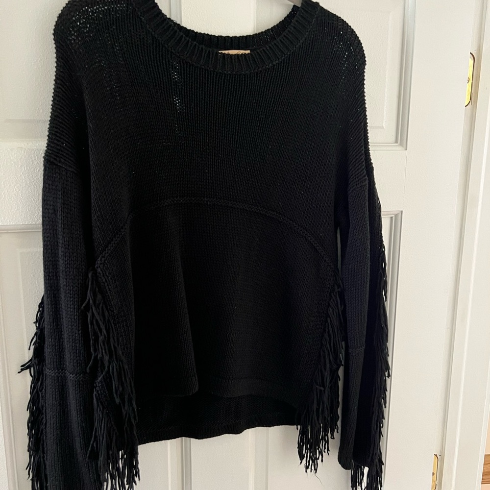 Antique gold designer brand black fringe sweater size xs womens